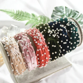 

Sweet for Girl Woman Wide Hair Hoop Velvet Pearls Headband Vintage Twisted Headwear Hair Accessories
