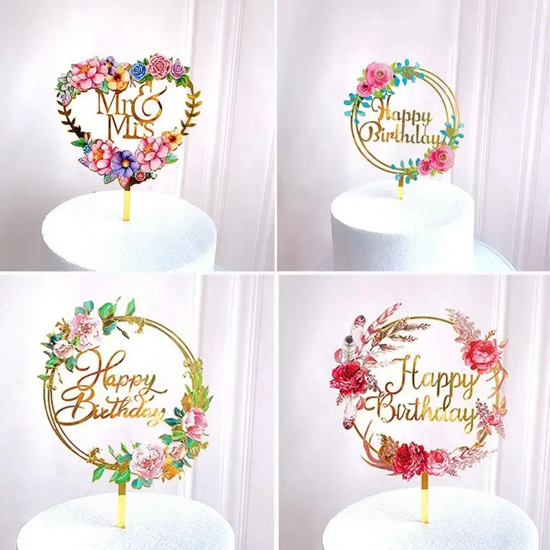 

New Colored flowers Happy Birthday Cake Topper Golden Acrylic Birthday party Dessert decoration for Baby shower Baking supplies
