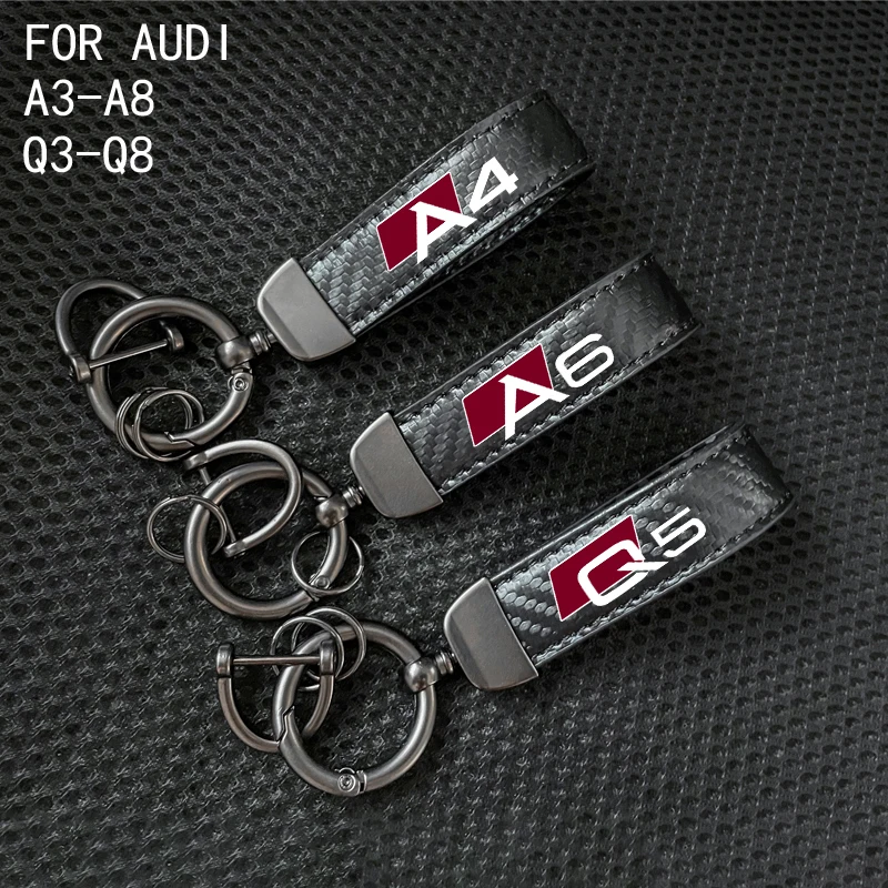 Leather Carbon Fiber Car Rings Keychain Trinket Zinc Alloy Keyrings Rotate 360 Degrees For Audi A3A4A5A6A7A8Q3Q5Q7Q8 Accessories