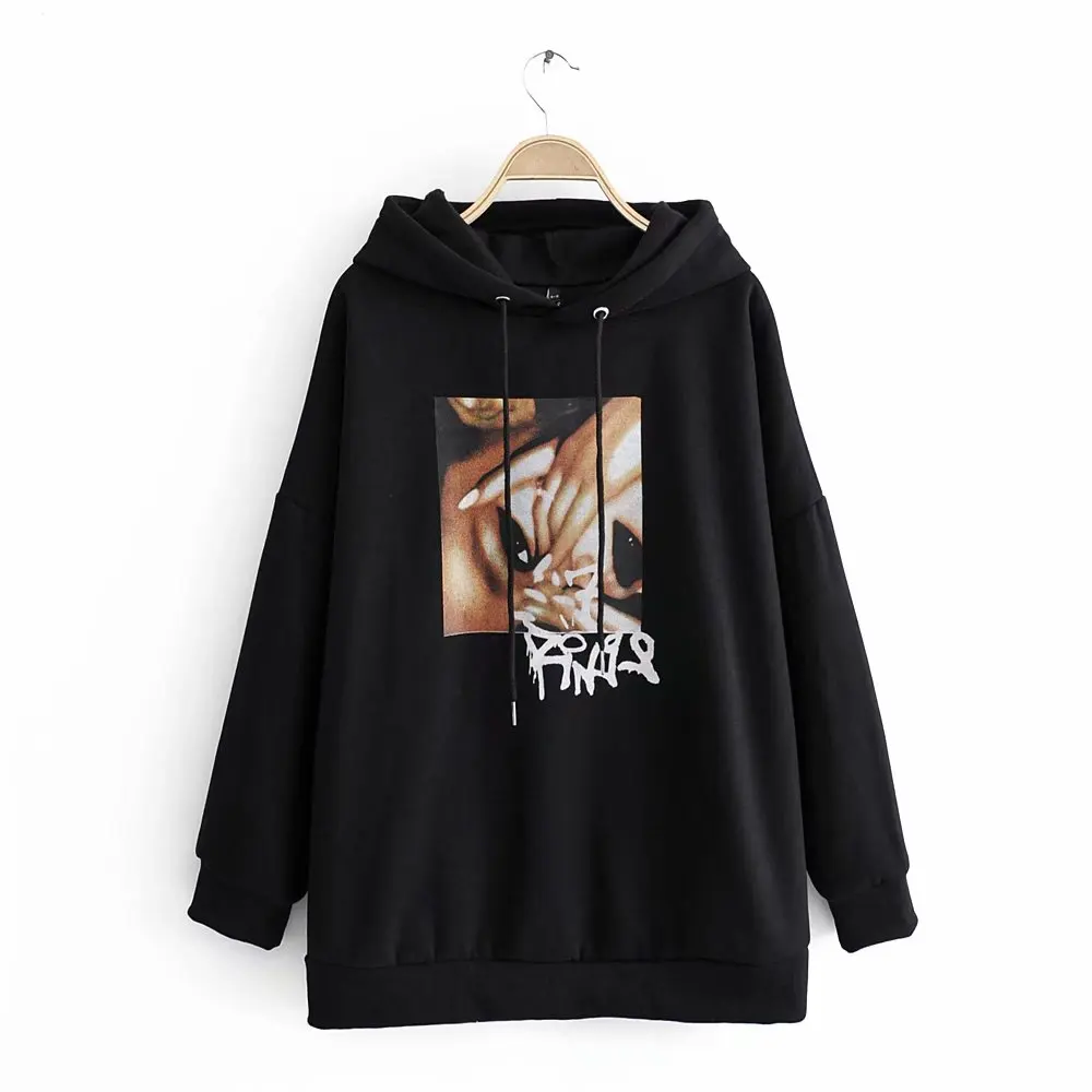 Comprar 2019 nuevas mujeres patrón de imagen parche casual suelto oversize sweatershirts señoras otoño manga larga básica negro polar hoodies tops H085