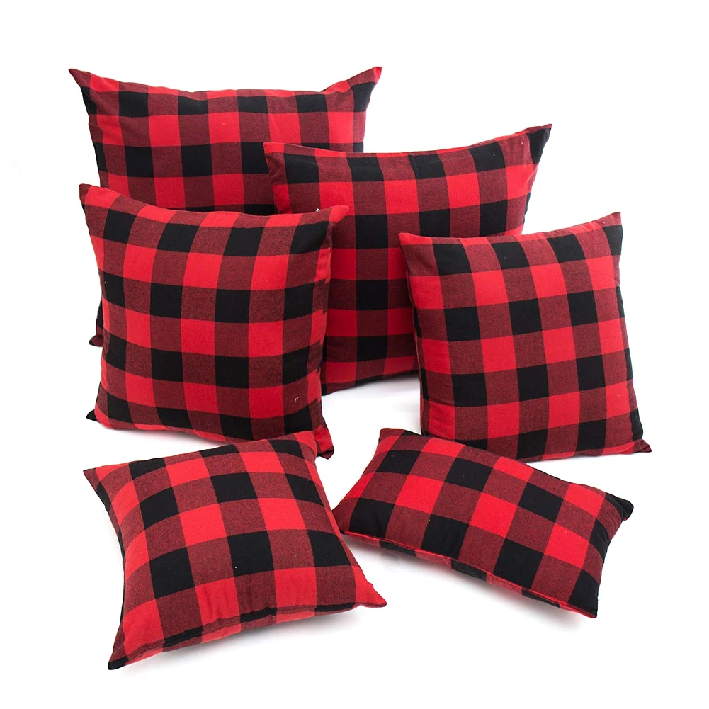 Red Black Cushion Cover Polyester Cotton Plaid Pillow Cases Square Rectangle Pillow Cover for Sofa Room Home Office Decoration