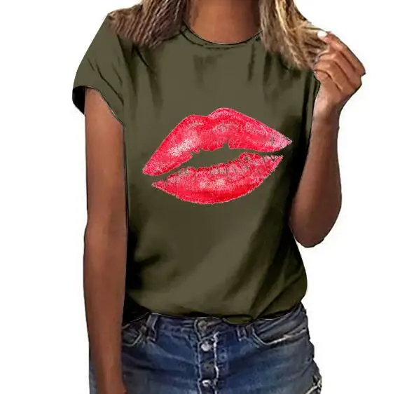 Red Lips Printed Women T-shirts Graphic Short Sleeve Casual Basic T Shirt Harajuku Fashion Tshirt Summer 2022 Black Top F 3