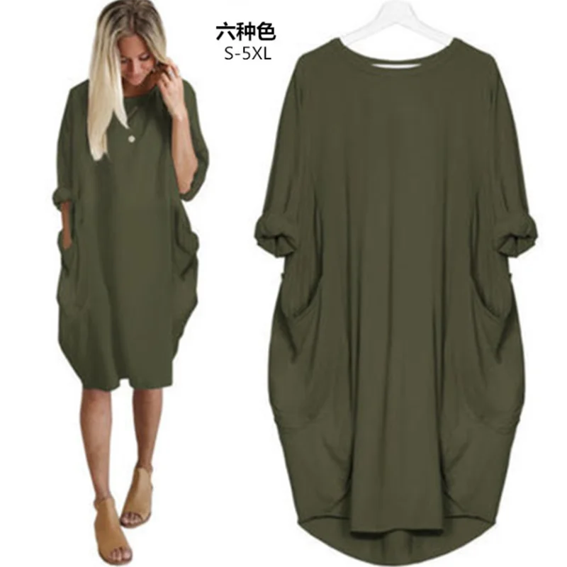 

Spring summer Women's Fashion Pocket Loose Dress Ladies Crew Neck Casual Long Girl Tops Dress Female Dresses Plus Size vestidos