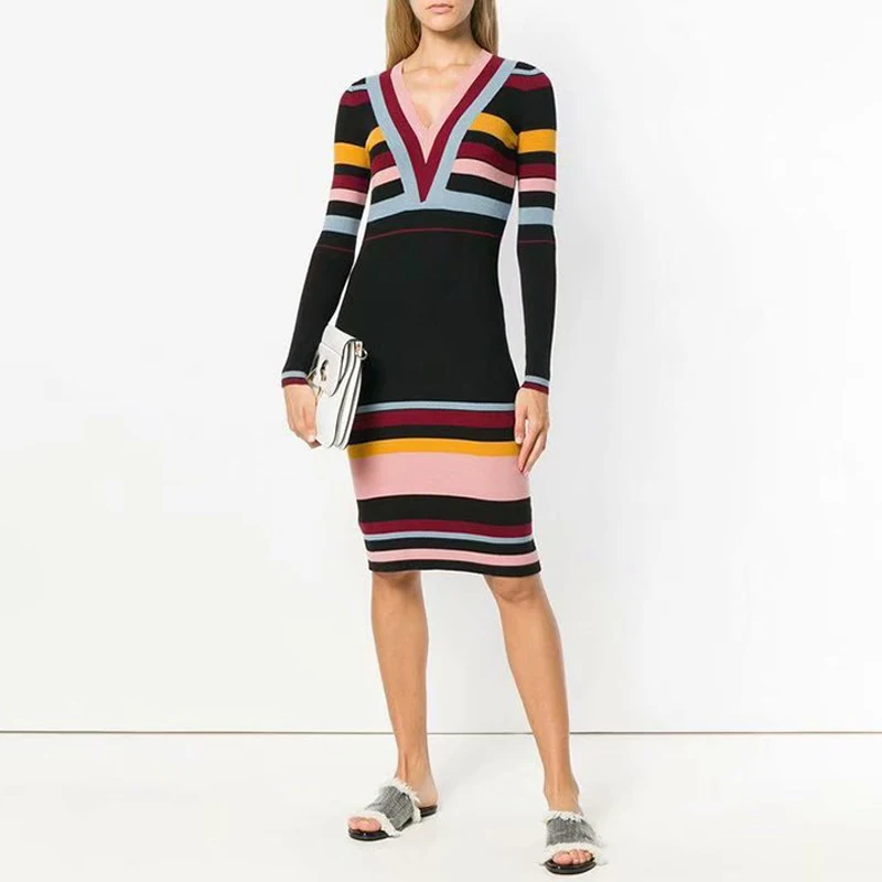 

Knitted Stretch Long Sleeve Sexy V-Neck Slim Temperament Stripe Print Women'S Dress 2020 High Quality Dress New Spring Summer