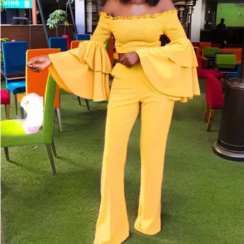 

Women Two Piece Outfits Long Flare Sleeve Off The Shoulder Short Top+wide Leg Pants Two Piece Set Top And Pants Matching Sets