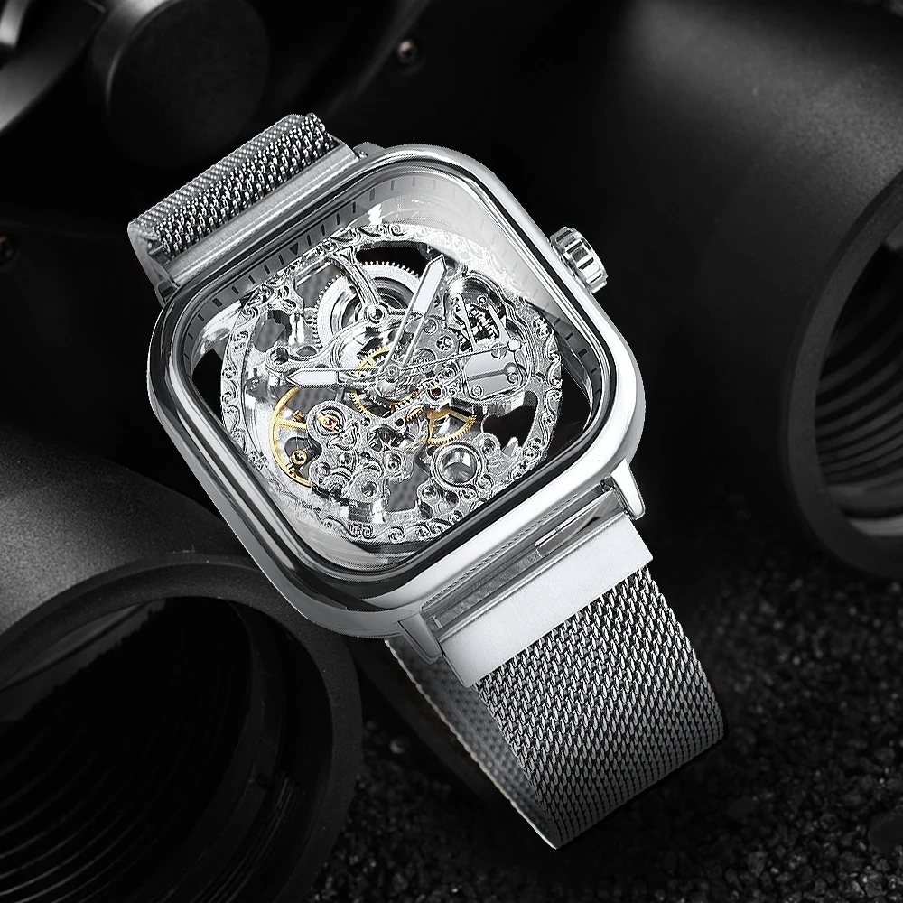 Watches Mens Automatic Mechanical Watch Gold Transparent Mesh Steel Wristwatch Skeleton Forsining mechanical watch
