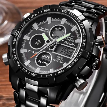 

CURDDEN Mens LED Digital Quartz Wrist Watch Chronograph Black Stainless Steel Military Sport Watches Men's relogio masculino