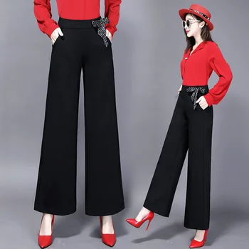 

OL Women Wide Leg Black Pants Outer Wear Spring Autumn Pants High-waisted Drape Loose Straight Casual Fit Slim Trousers