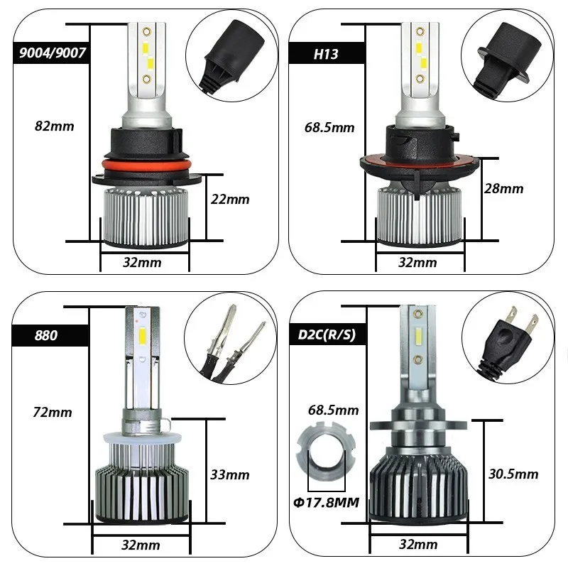 Dawnknight 2 шт. H7 светодиодный лампы CSP чип турбо 9000LM 6000K мини Размеры H4 H1 H3 H8/H9/H11 H27/880 9005/HB3 9006/HB4 D2S оборот в минуту(R/C) F3 светодиодный