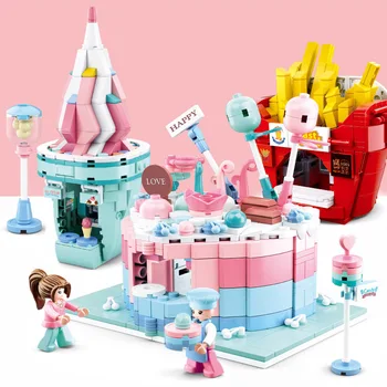

DIY Miniature Sweet Cake House Dessert Hamburger Fries Shop toy building blocks bricks girls play house kitchen hut toys