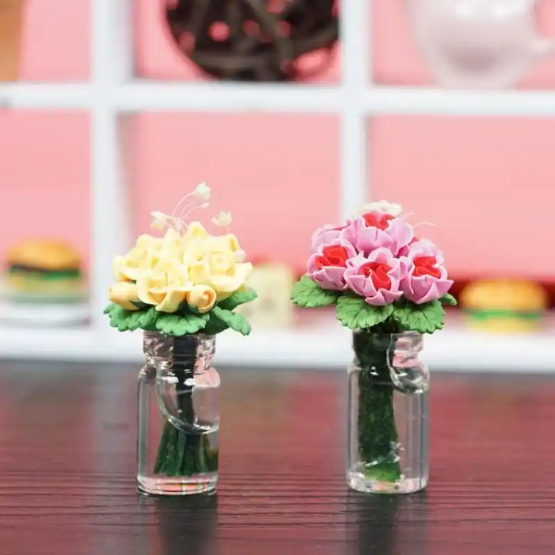 1:12 simulação quatro cores vaso com flor casa de bonecas miniatura rosa estrelas modelo quarto cena decoração casa de bonecas acessórios