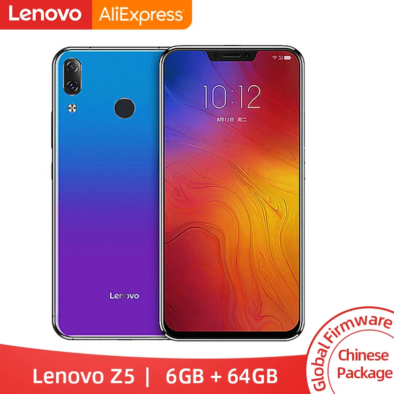 Lenovo Z5 с глобальной ПЗУ, 6 ГБ, 64 ГБ, Восьмиядерный процессор Snapdragon 636, мобильный телефон, 19:9 экран, 6,2 дюймов, Android 8,1, 16 МП, 8 Мп, двойная камера заднего вида