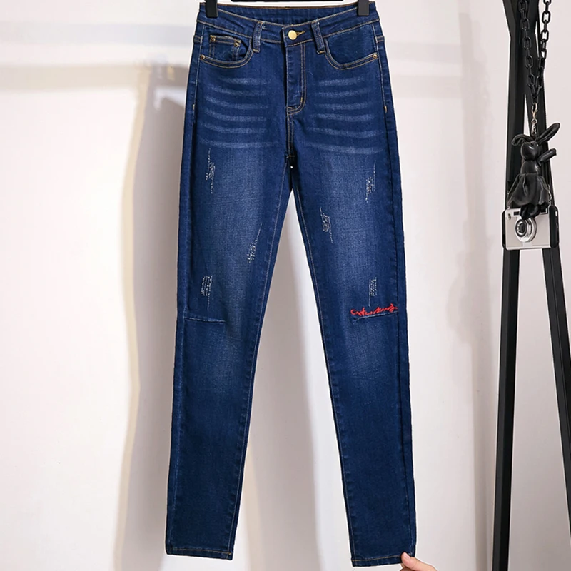 

Autumn New Knee Embroidery Stretch Slim Women's Jeans High Waist Skinny Pencil Pants Ladies Trousers Mujer Plus Size Cowboy 5XL