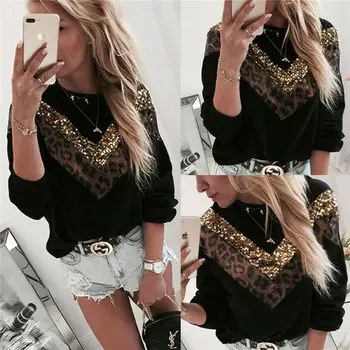 

Womens black Autumn bottoming Shirt Leopard-print sequined stitching hooded streetwear Long Sleeve Loose Shirt Tops Plus