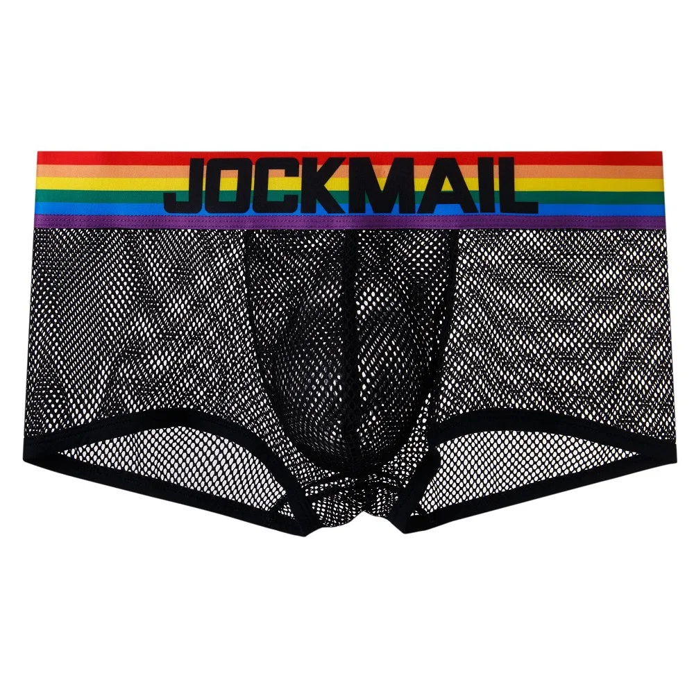 cheap boxers JOCKMAIL men's underwear Rainbow mesh breathable perspective four corner trend personality low waist European and Americanboxers leather underwear for men