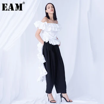 

[EAM] Women White Ruffles Back Long Blouse New Slash Neck Long Sleeve Loose Fit Shirt Fashion Tide Spring Summer 2020 WG8620