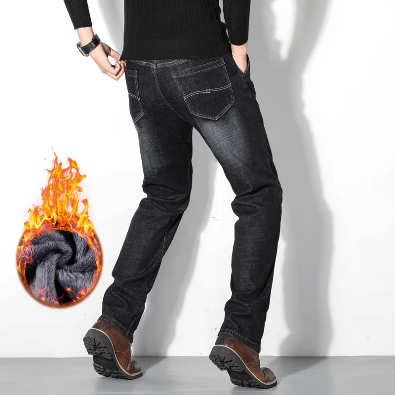 60% OFF 29-46 Men's business casual Thicken Winter Men's Plus Velvet Padded jeans Trousers Slim Large Size Warm Pants Solid black jeans