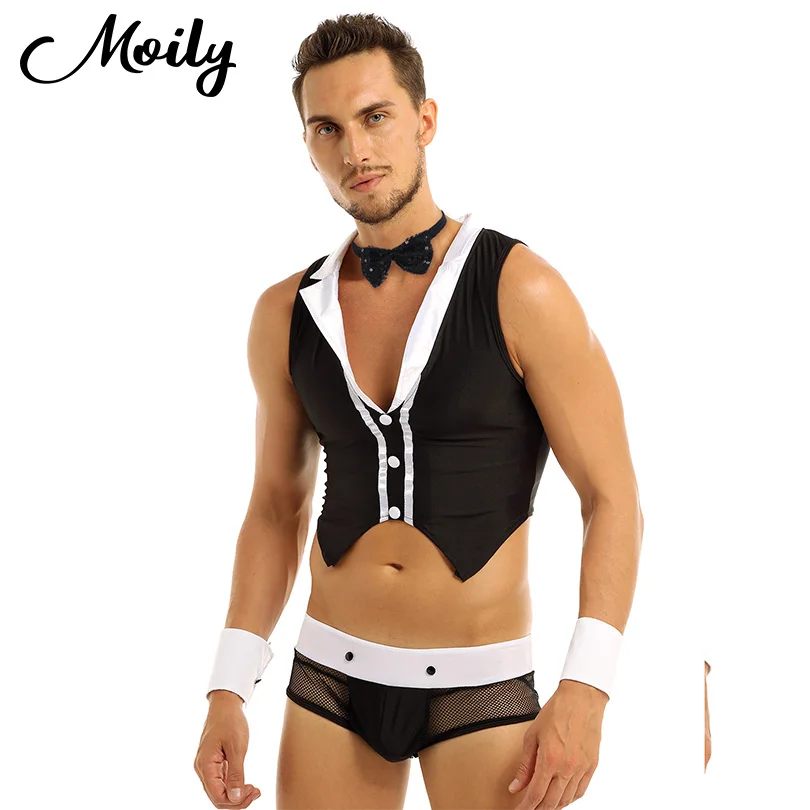 Loloda Men's Waiter Uniforms Gay Thong Fun Underwear Tuxedo Waiter Lingerie Set Gentlamen Costume 