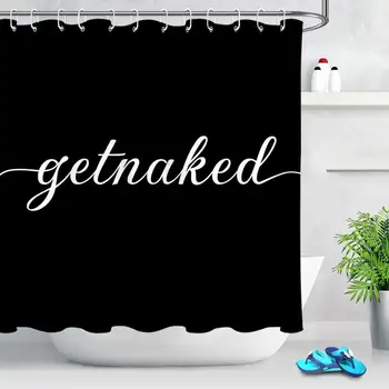 

Funny Cute Get Naked Shower Curtain White Words Black Background Simple Design Fabric Bathroom Bath Curtain Decor Set with Hooks