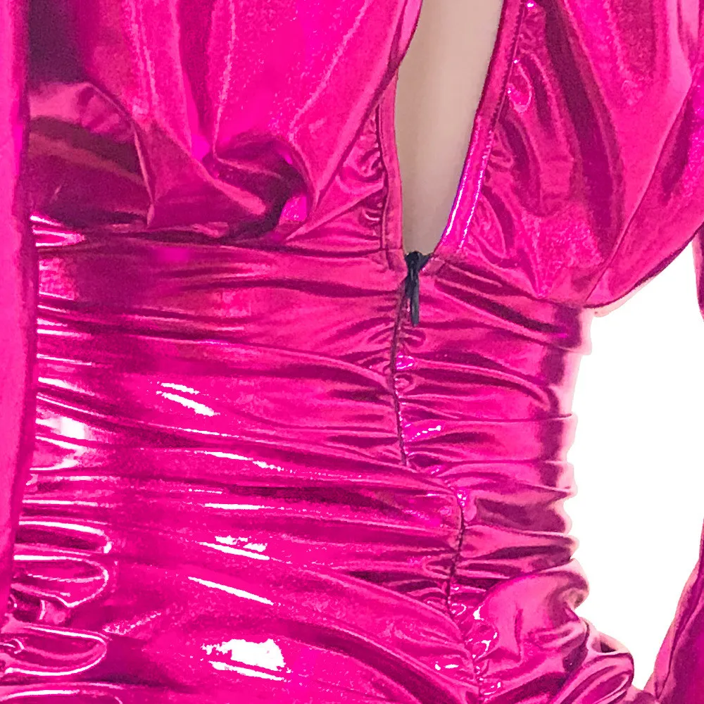 Металлическое блестящее облегающее платье с длинным рукавом, женское платье с v-образным вырезом и рюшами, эластичное платье из искусственной кожи, Сексуальные вечерние платья для ночного клуба