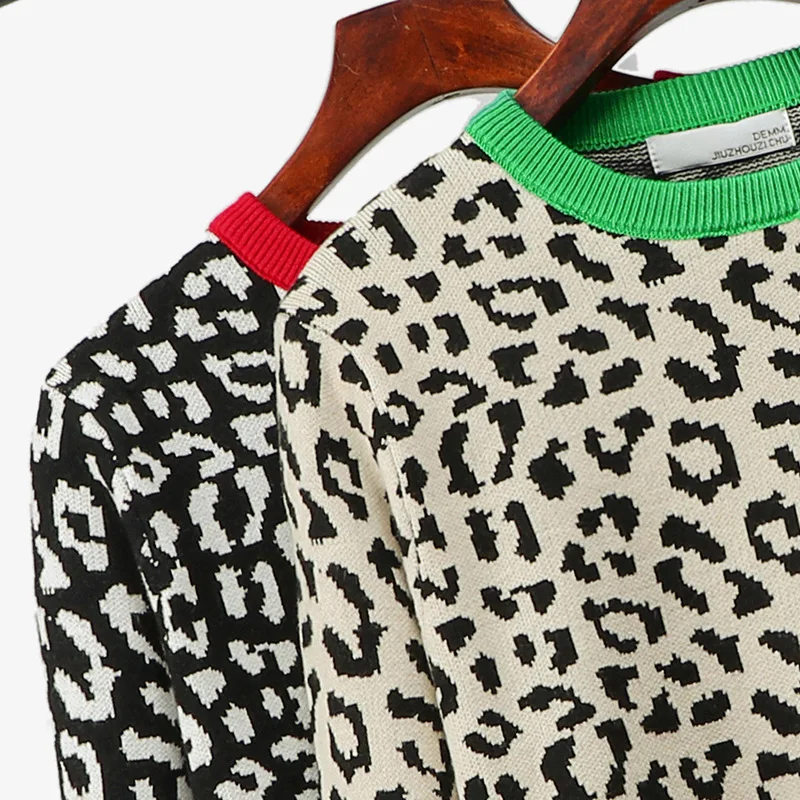 Mooirue винтажный свитер с леопардовой раскраской для женщин Осень Зима Лоскутная Повседневная Уличная одежда с круглым вырезом корейский Puullover бежевый черный топы