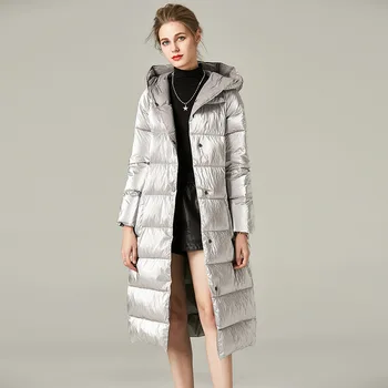 

Europe New Women Winter Hihg Street Fashion Hooded Single Breasted Silver Over Knee Down Jackets Coats Female Elegant Outwear