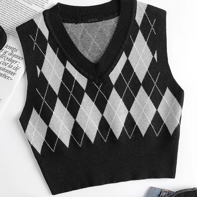 2021 NewAutumn Women’s Casual  Sleeveless Plaid Knitted Crop Sweaters  Argyle Print Sweater Vest Ladies V Neck Knit Sweater Vest 3