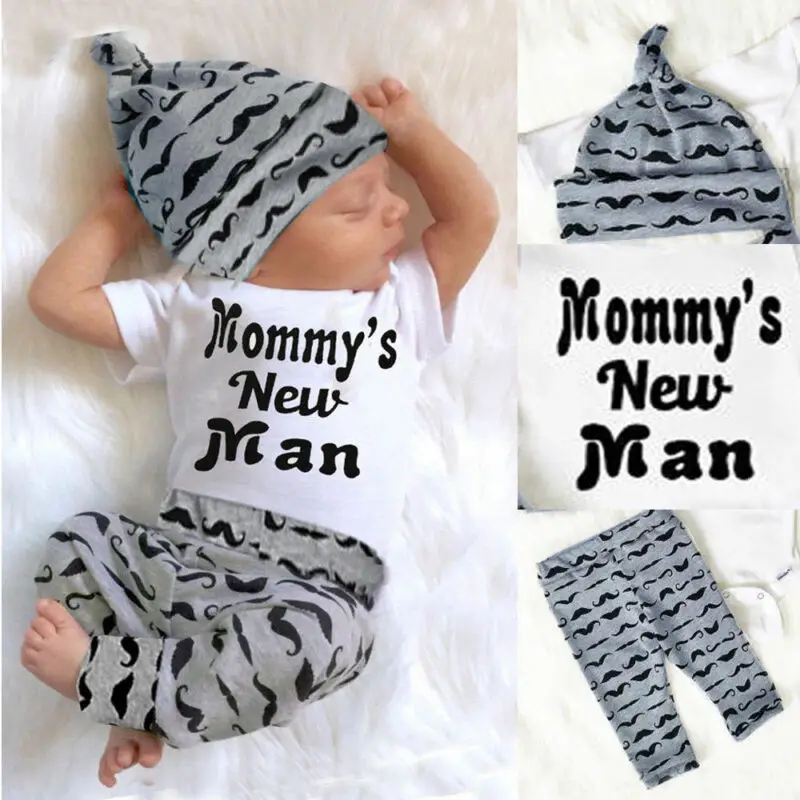 

Pudcoco 3PCS Set Newborn Baby Boy Clothes Lovely Mommy's New Man Mustache Print Bodysuit Tops Long Pants Hat Outfits 0-18M