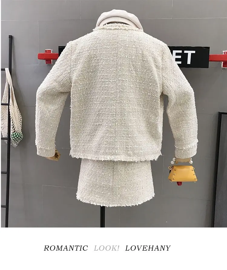 Winter Tweed Pearl Button Jacket and Mini Skirt Set Plaid Long Sleeve Fringed Tassel Woolen Coat Two Piece Set Women