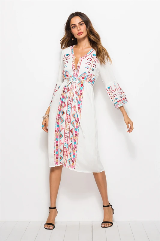 

2019 Hot Sale Vestido De Festa Vadim Europe And The New Travel Women's National Wind V-neck Embroidery Dress Slim Holiday