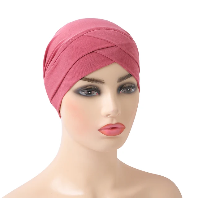 H117 High Quality Criss Cross Muslim Hijab Inner Hat Underscarf Pull On Islamic Scarf Turban Caps Full Headcover Women Headwrap dusty red