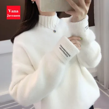 

Vana Javeasen Long Sleeved Office Ladies Sweaters Loose Velvet Pullovers Female Sweater One Size Solid Turtleneck Womens Tops