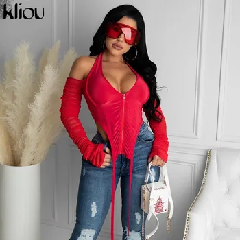

Kliou Solid T-Shirts Tops Women 2020 Autumn Zip Pleated Halter V-Neck Long Sleeve Backless Sexy Party Clubwear Female Hot Tees