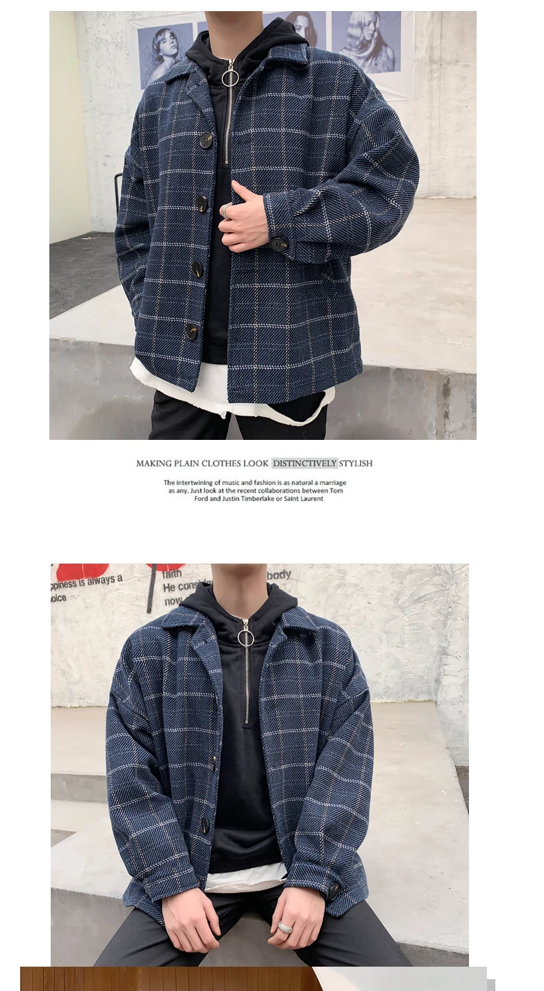 Autumn Woolen Jacket Men's Fashion Retro Casual Woolen Coat Men Streetwear Wild Loose Plaid Jacket Overcoat Male Clothes