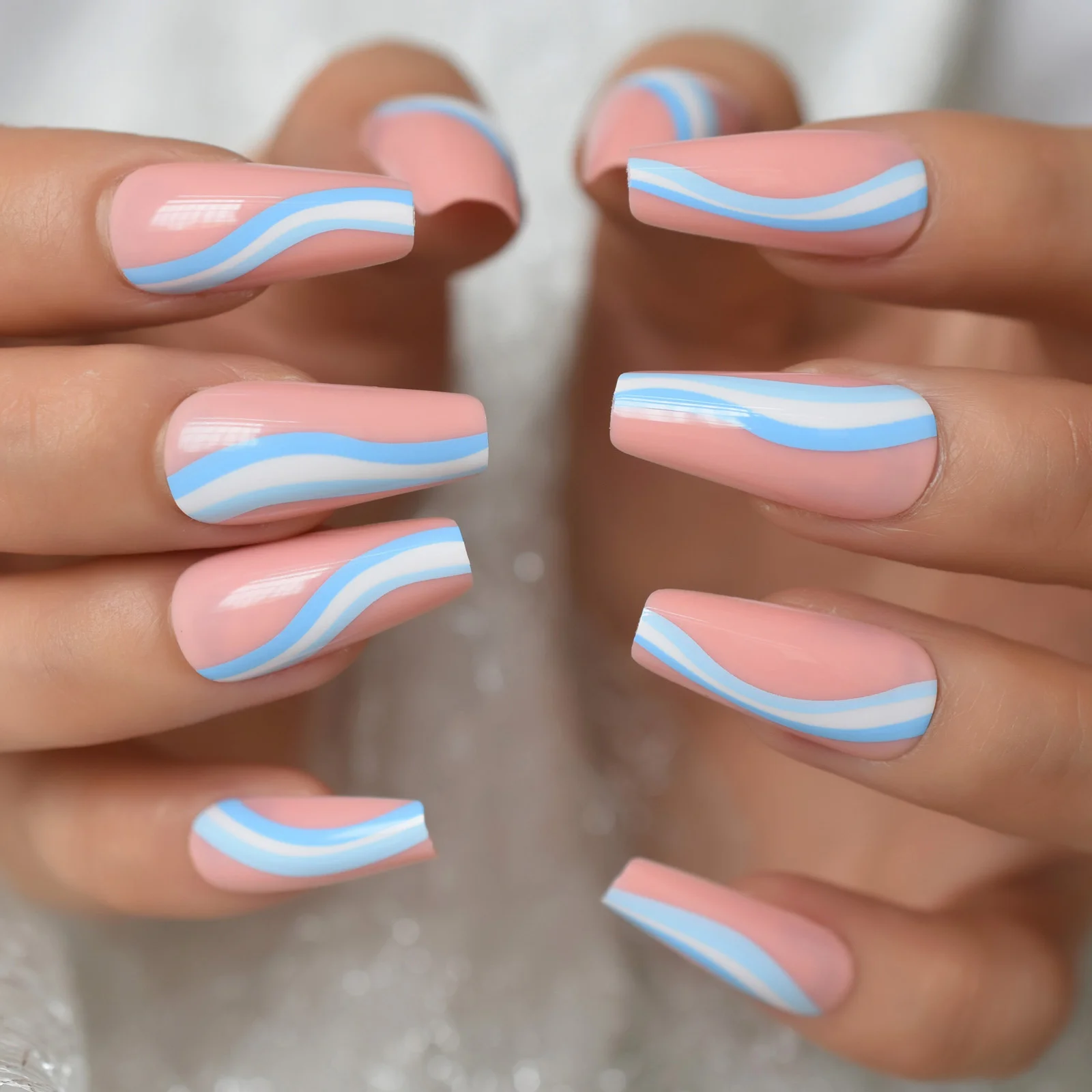 Candy Color Long Fake Nails Tips Baby Blue Swirls Coffin Press On Nails Pink Ballerina False Nails For Women And Girls 24pcs False Nails Aliexpress