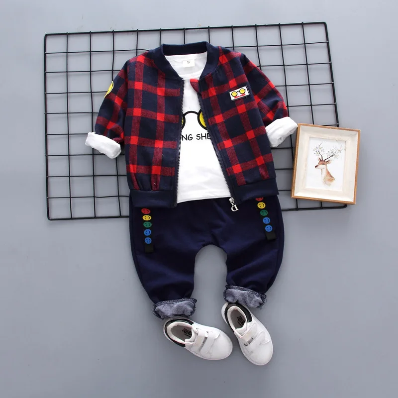 

2018 Autumn Fashion Coat Korean-style Male Baby Casual Cartoon Glasses Hoodie Plaid T-shirt Jacket Three-piece Set