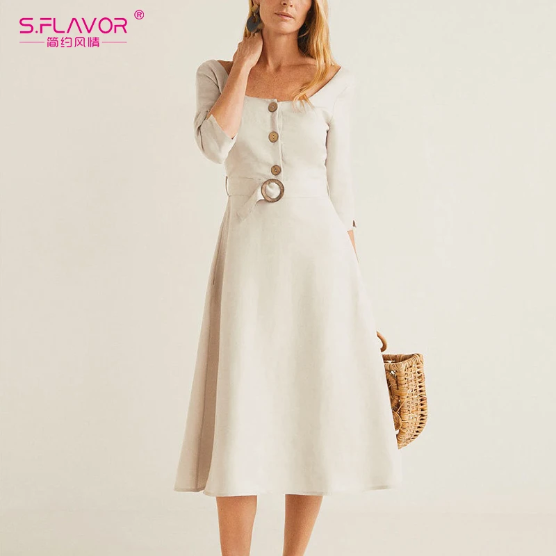 S. FLAVOR женское весеннее модное белое платье на пуговицах однотонное ТРАПЕЦИЕВИДНОЕ ПЛАТЬЕ до середины икры элегантное ТРАПЕЦИЕВИДНОЕ ПЛАТЬЕ OL