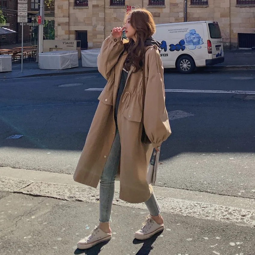 

Photo Shoot CHIC Elegant Khaki Long Loose-Fit Handsome BF Stand Collar Single Breasted Drawstring Waist Hugging Trench Coat Wome