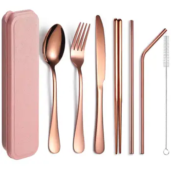 

Stainless Steel Portable Utensils Kitchenware Knife Fork Spoon Chopsticks Set Picnic Camp Tableware Flatware Kit 8-Pieces