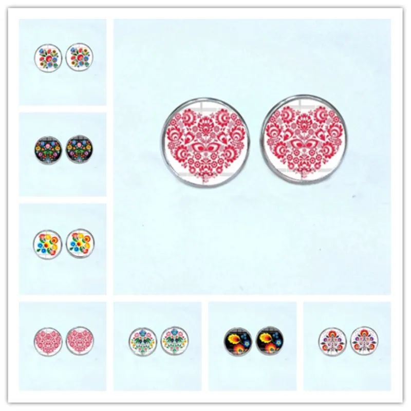 

2019 New Polish Folk Art Patterns Earring Flowers Ear Stud Glass Cabochon Photo Earrings Hand Craft Jewelry