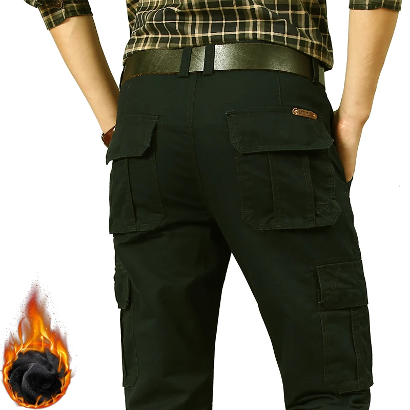  Men's Fleece Cargo Pants Winter Thick Warm Overalls Casual Multi-pockets Combat Baggy Trousers Army