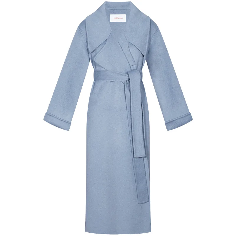 Зимнее теплое пальто из чистой шерсти женское длинное пальто корейское однотонное пальто с поясом синее роскошное подиумное двухстороннее элегантное шерстяное пальто