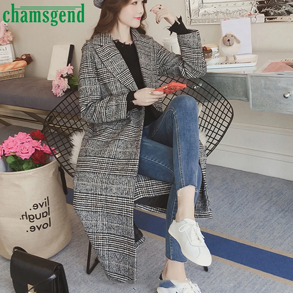 CHAMSGEND теплое шерстяное пальто для женщин модное корейское клетчатое длинное шерстяное пальто с карманами женское повседневное ветрозащитное пальто Верхняя одежда