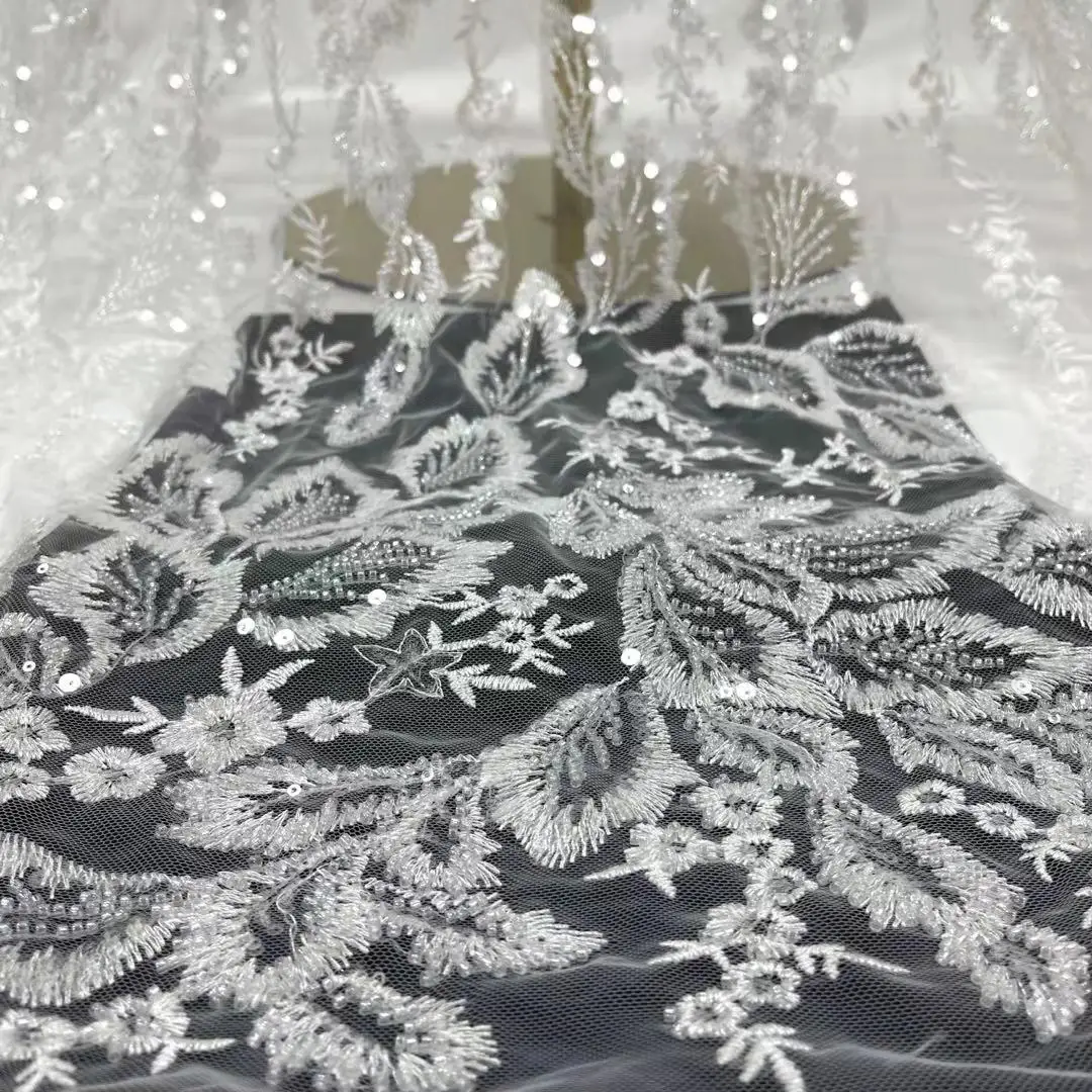 

High-end bead fabric French tulle net lace / Bead embroidery African lace fabric for Evening dresses wedding dress party