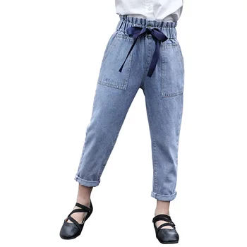 

Jeans Girl High Wait Children's Jeans For Girls Big Bow Jeans For Children Solid Clothes For Girls 6 8 10 12 14