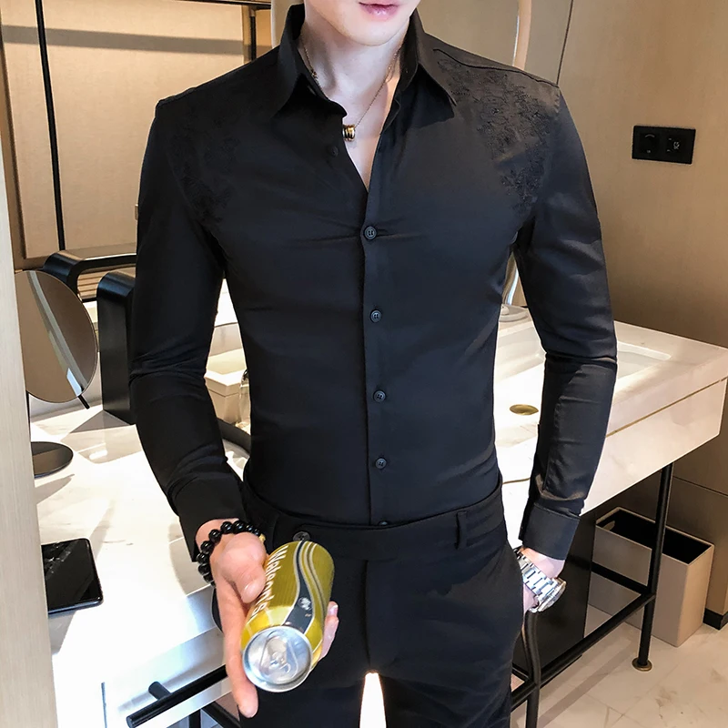 Top Quality Chic Style Shirts For Men Spring 2020 New Embroidery Long Sleeve Shirt Slim Fit Casual Prom Tuxedo Dress 3XL-M | Мужская