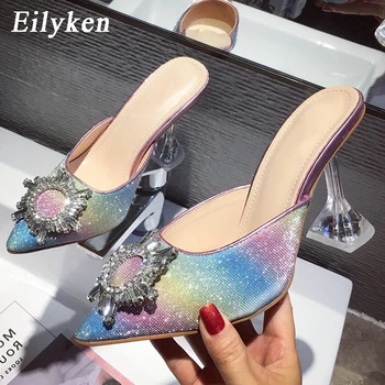 

Eilyken Rainbow Color Glitter Bling Sequins Sun Crystal Perspex Cup Heel Pumps Mules Pointed Toe High Heels Elegant Shoes
