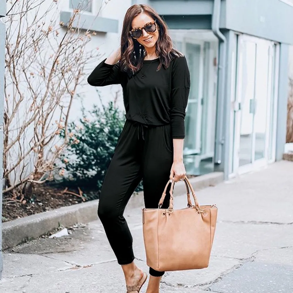 Осень 2019 свободный черный комбинезон с открытыми плечами Одноцветный женский