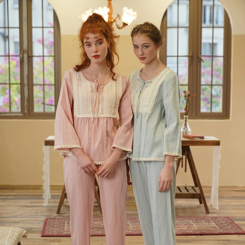 

2020 New Spring Princess Night Suits Ladies Vintage Cotton Lace Up Pajama Set Women Patchwork Night Wear Home Suit Lounge Set