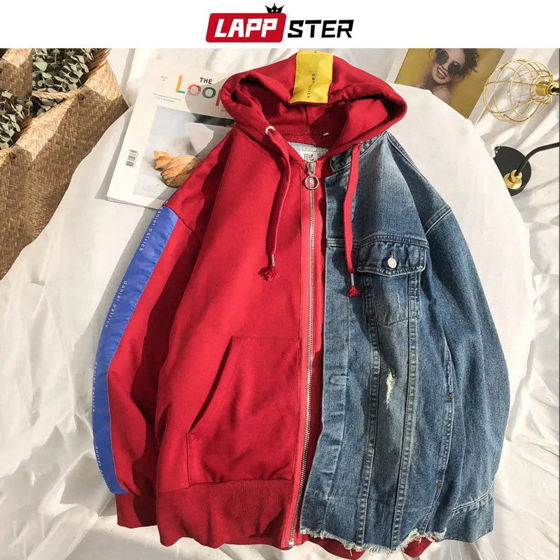 

Men Streetwear Fake Two Pieces Jean Jacket Windbreaker 2019 Mens Patchwork Hooded Bomber Jacket Designer Denim Jackets